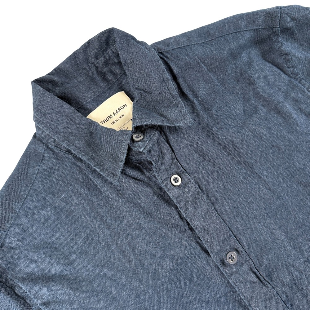 Thom‎ Aaron Shirt Mens S Blue Short Sleeve Button Down Linen Lightweight Casual